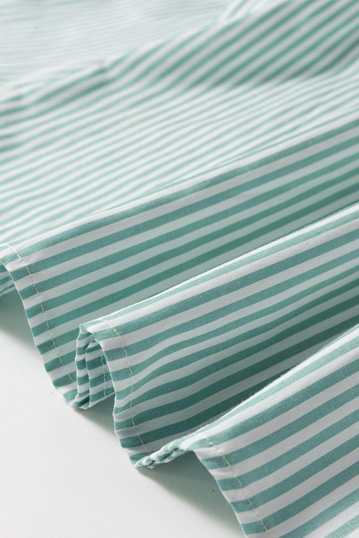 Green Stripe V Neck Roll Up Sleeve Pocket Patched Classic Shirt - Fashion Queen -  8