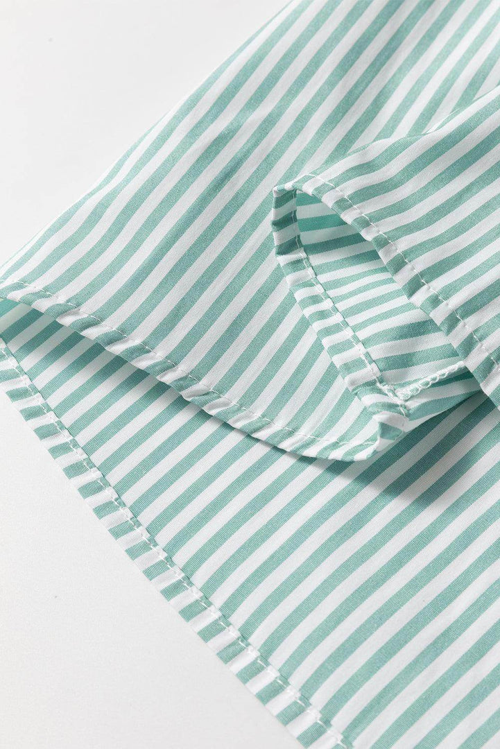 Green Stripe V Neck Roll Up Sleeve Pocket Patched Classic Shirt - Fashion Queen -  9