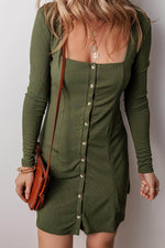 Load image into Gallery viewer, Guacamole Green Rib Knit Square Neck Buttoned Long Sleeve Mini Dress - Fashion Queen -  1

