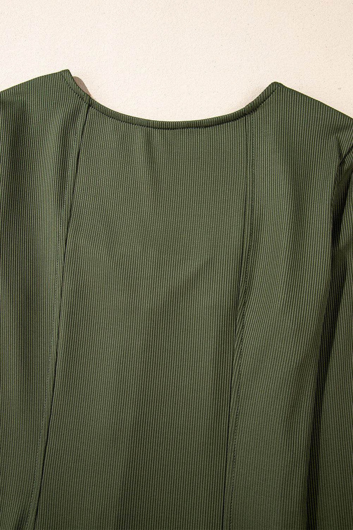 Guacamole Green Rib Knit Square Neck Buttoned Long Sleeve Mini Dress - Fashion Queen -  12