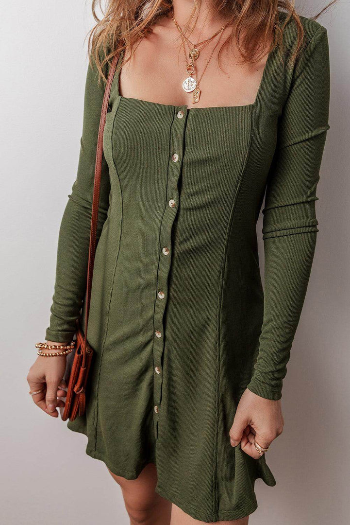 Guacamole Green Rib Knit Square Neck Buttoned Long Sleeve Mini Dress - Fashion Queen -  3
