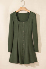 Load image into Gallery viewer, Guacamole Green Rib Knit Square Neck Buttoned Long Sleeve Mini Dress - Fashion Queen -  6
