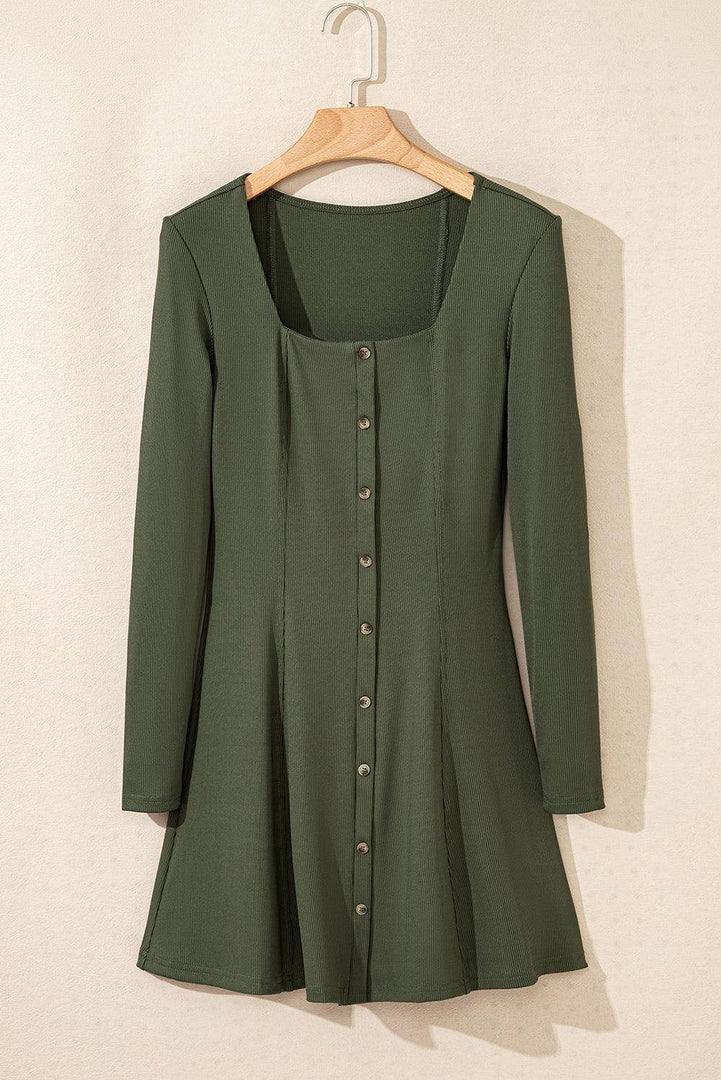 Guacamole Green Rib Knit Square Neck Buttoned Long Sleeve Mini Dress - Fashion Queen -  6