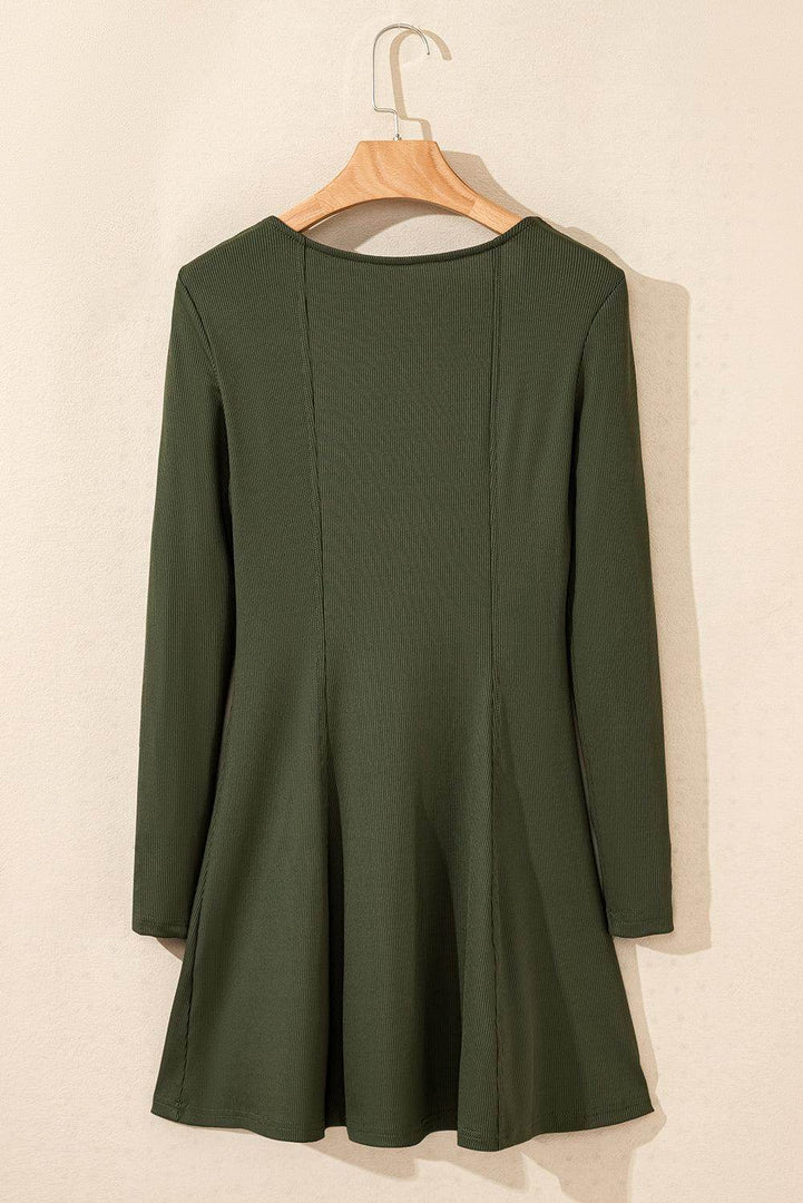 Guacamole Green Rib Knit Square Neck Buttoned Long Sleeve Mini Dress - Fashion Queen -  7