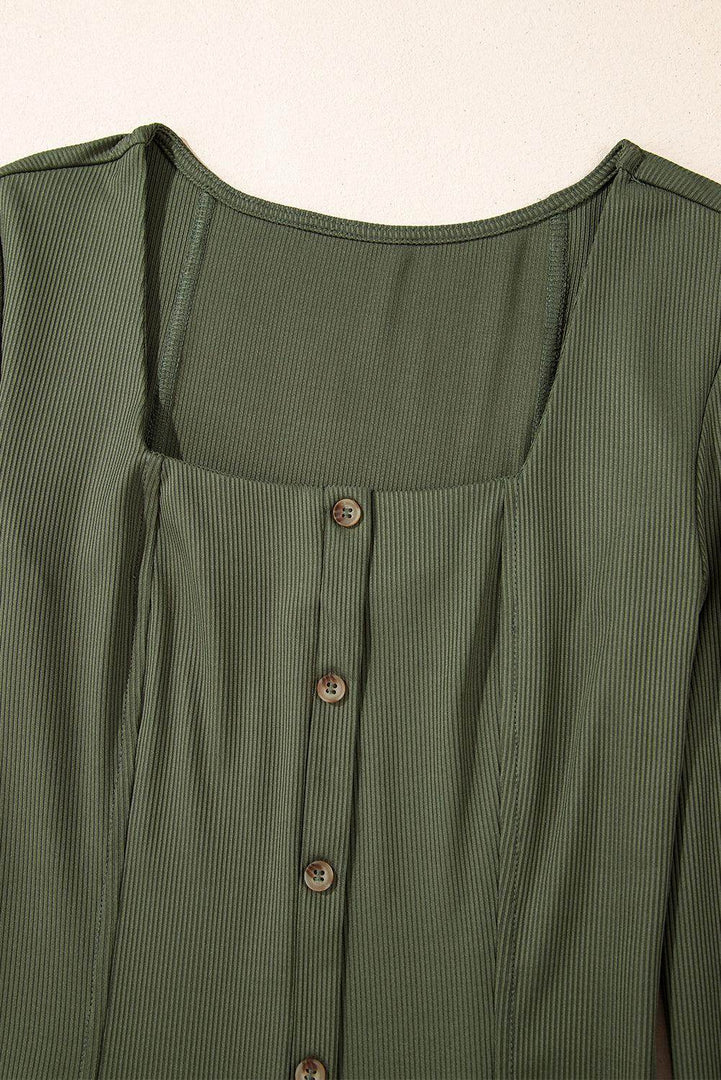 Guacamole Green Rib Knit Square Neck Buttoned Long Sleeve Mini Dress - Fashion Queen -  8