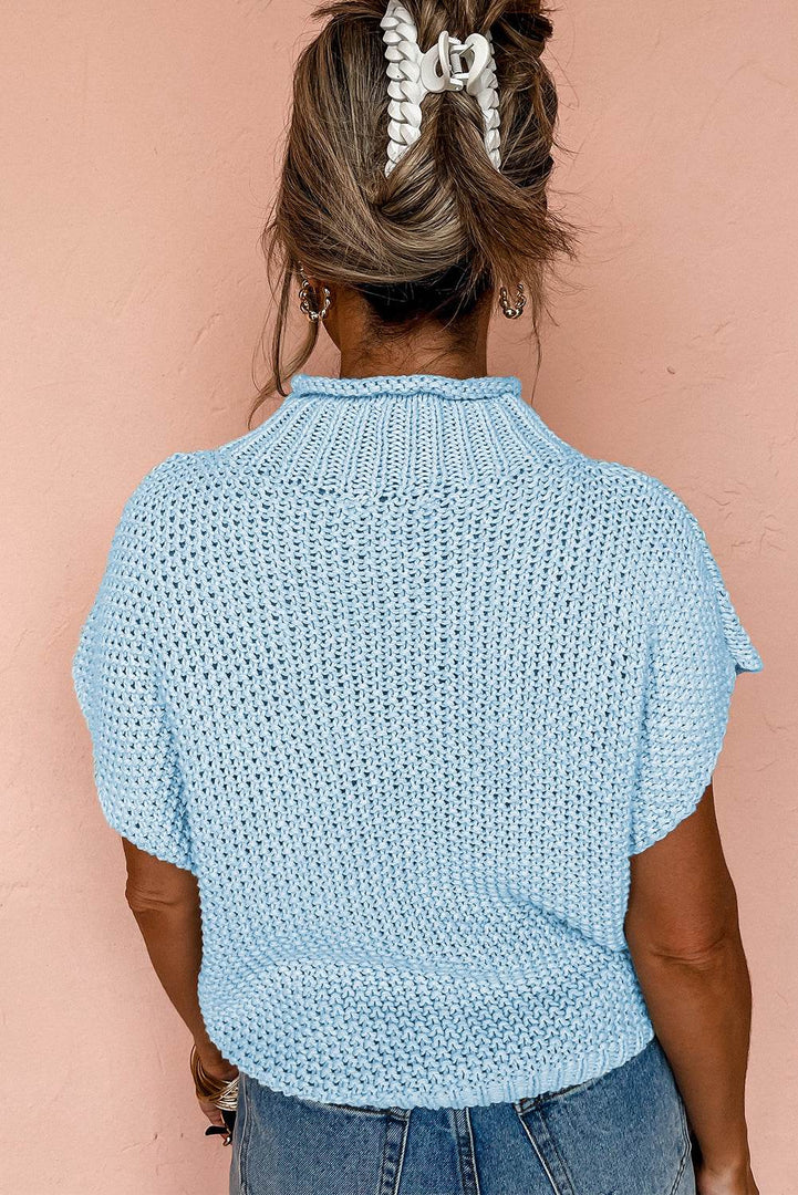 Iceland Blue High Neck Bat Short Sleeve Sweater - Fashion Queen -  2