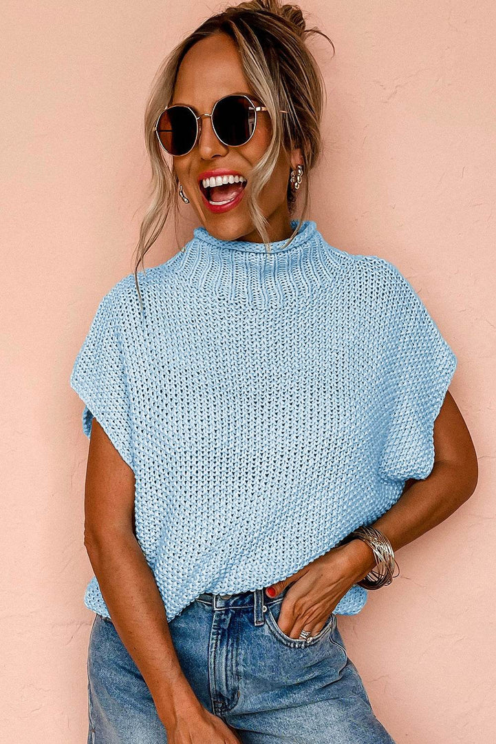 Iceland Blue High Neck Bat Short Sleeve Sweater - Fashion Queen -  8