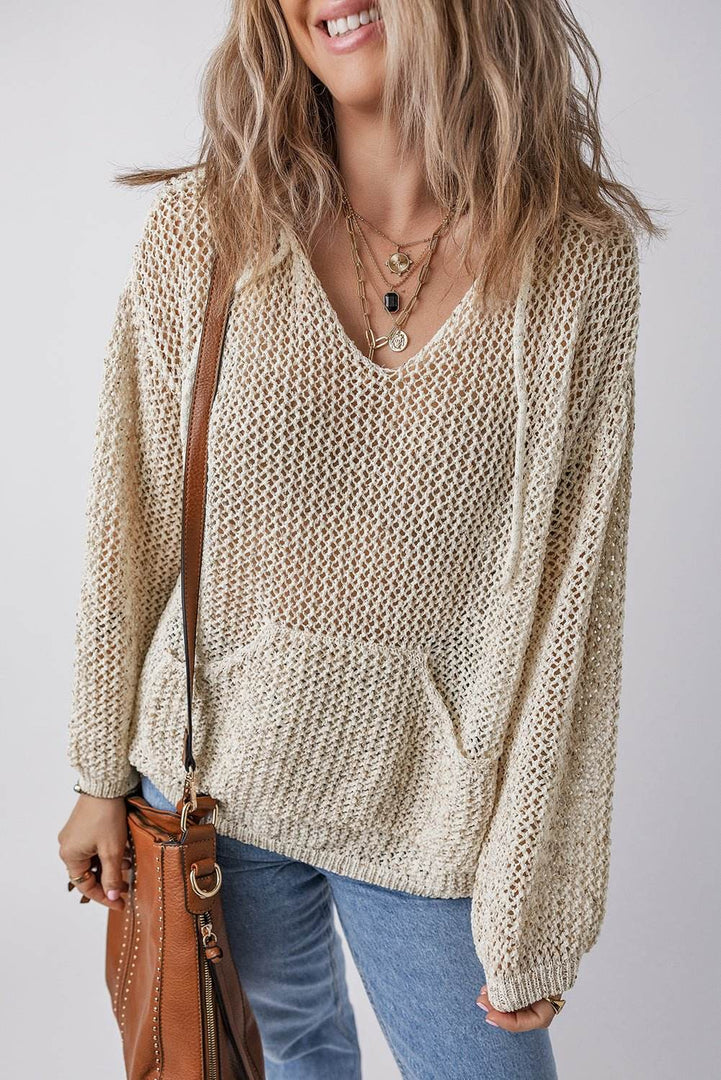Jet Stream Hollow-out Kangaroo Pocket V Neck Hooded Sweater - Fashion Queen -  3