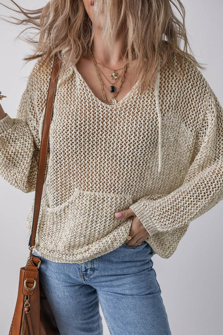 Jet Stream Hollow-out Kangaroo Pocket V Neck Hooded Sweater - Fashion Queen -  4