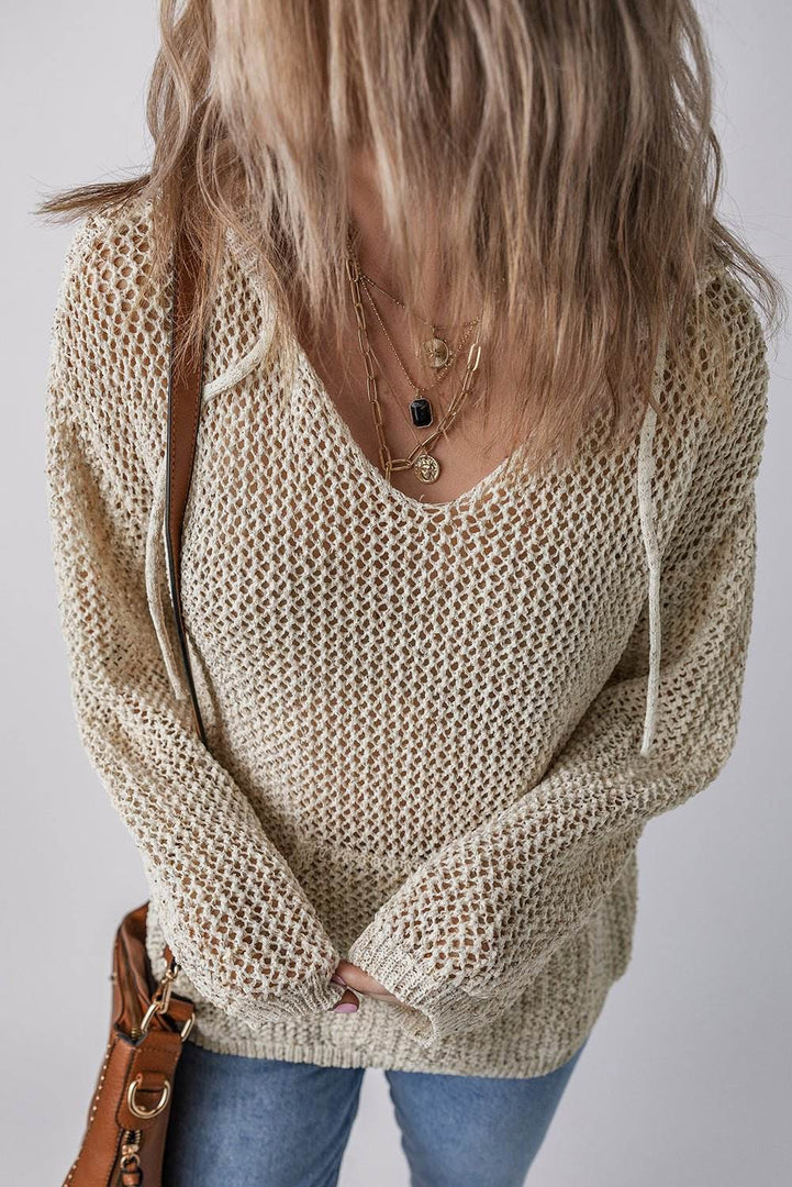 Jet Stream Hollow-out Kangaroo Pocket V Neck Hooded Sweater - Fashion Queen -  7