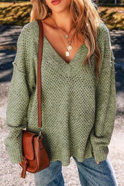 Jungle Green Loose Eyelet V Neck Drop Shoulder Sweater - Fashion Queen -  1