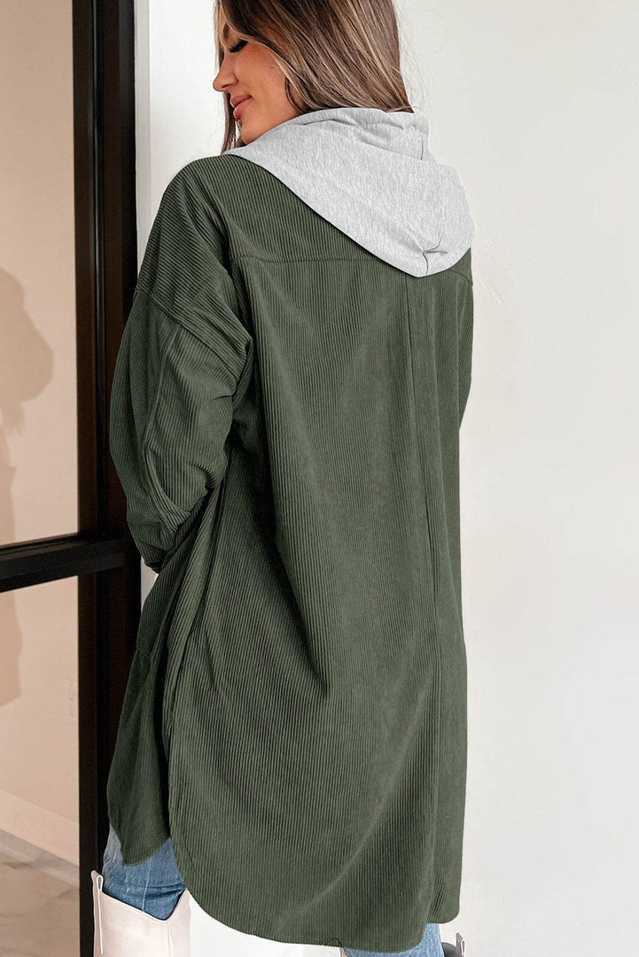 Jungle Green Oversized Corduroy Contrast Hooded Shacket - Fashion Queen -  2