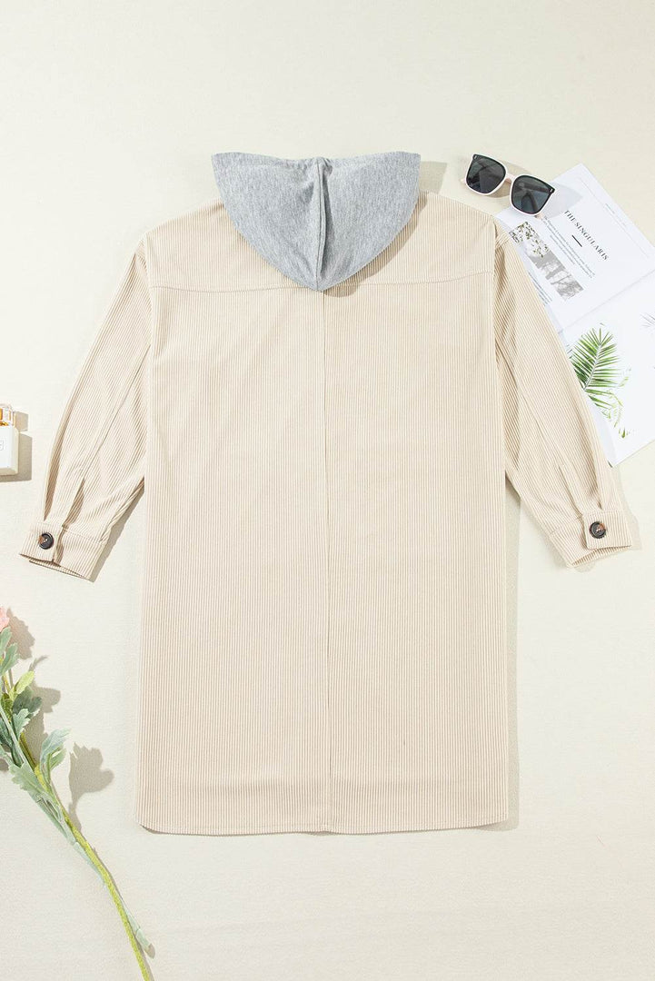 Jungle Green Oversized Corduroy Contrast Hooded Shacket - Fashion Queen -  26