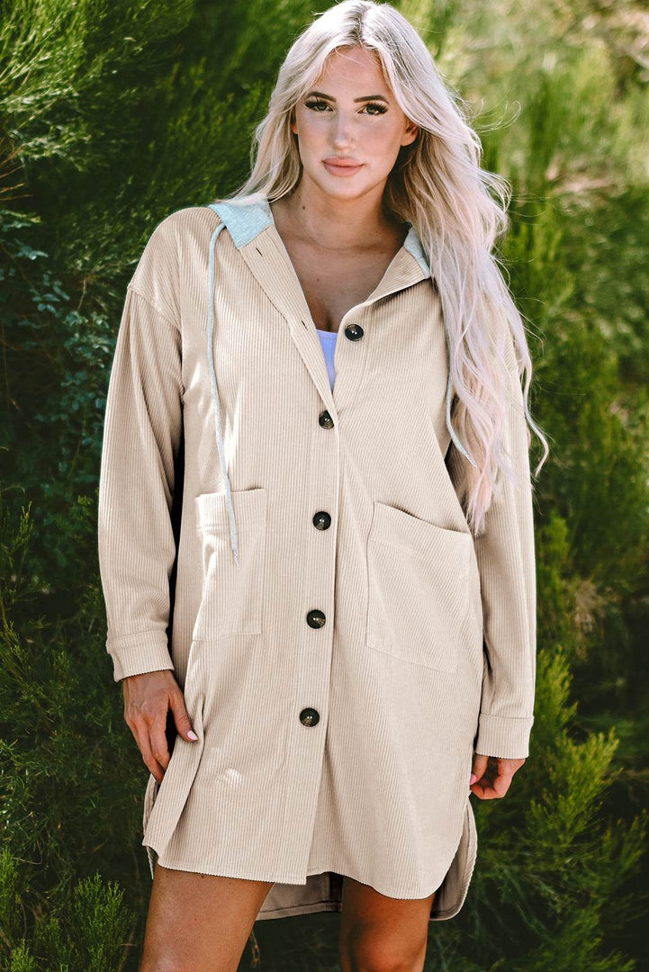 Jungle Green Oversized Corduroy Contrast Hooded Shacket - Fashion Queen -  4