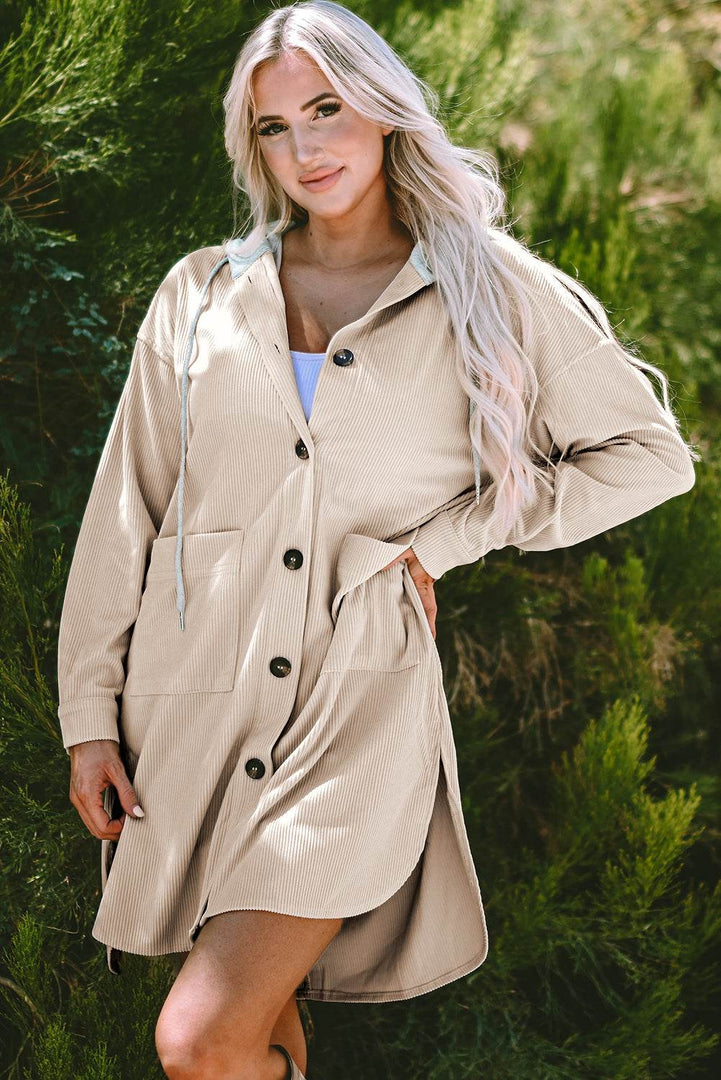 Jungle Green Oversized Corduroy Contrast Hooded Shacket - Fashion Queen -  6