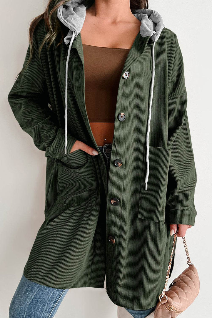 Jungle Green Oversized Corduroy Contrast Hooded Shacket - Fashion Queen -  7