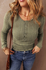 Load image into Gallery viewer, Jungle Green Ribbed Knit Half Button Slim Fit Blouse - Fashion Queen -  1
