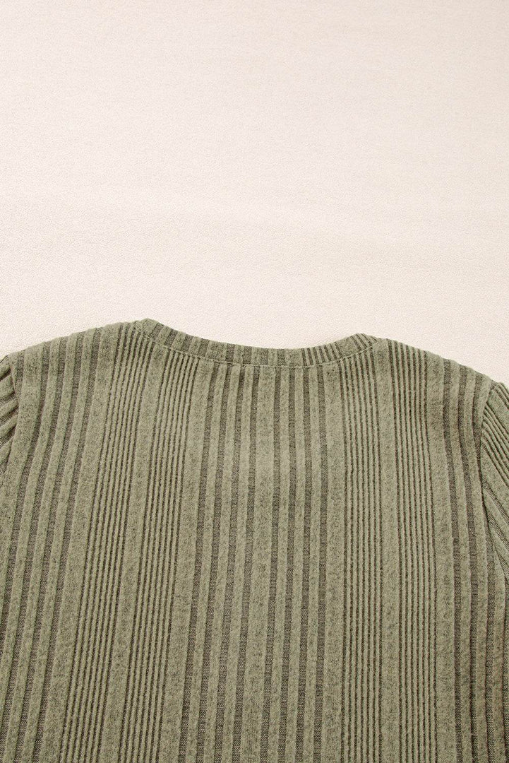 Jungle Green Ribbed Knit Half Button Slim Fit Blouse - Fashion Queen -  11