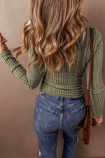 Load image into Gallery viewer, Jungle Green Ribbed Knit Half Button Slim Fit Blouse - Fashion Queen -  2
