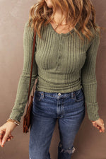 Load image into Gallery viewer, Jungle Green Ribbed Knit Half Button Slim Fit Blouse - Fashion Queen -  3
