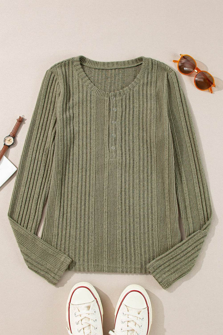 Jungle Green Ribbed Knit Half Button Slim Fit Blouse - Fashion Queen -  5