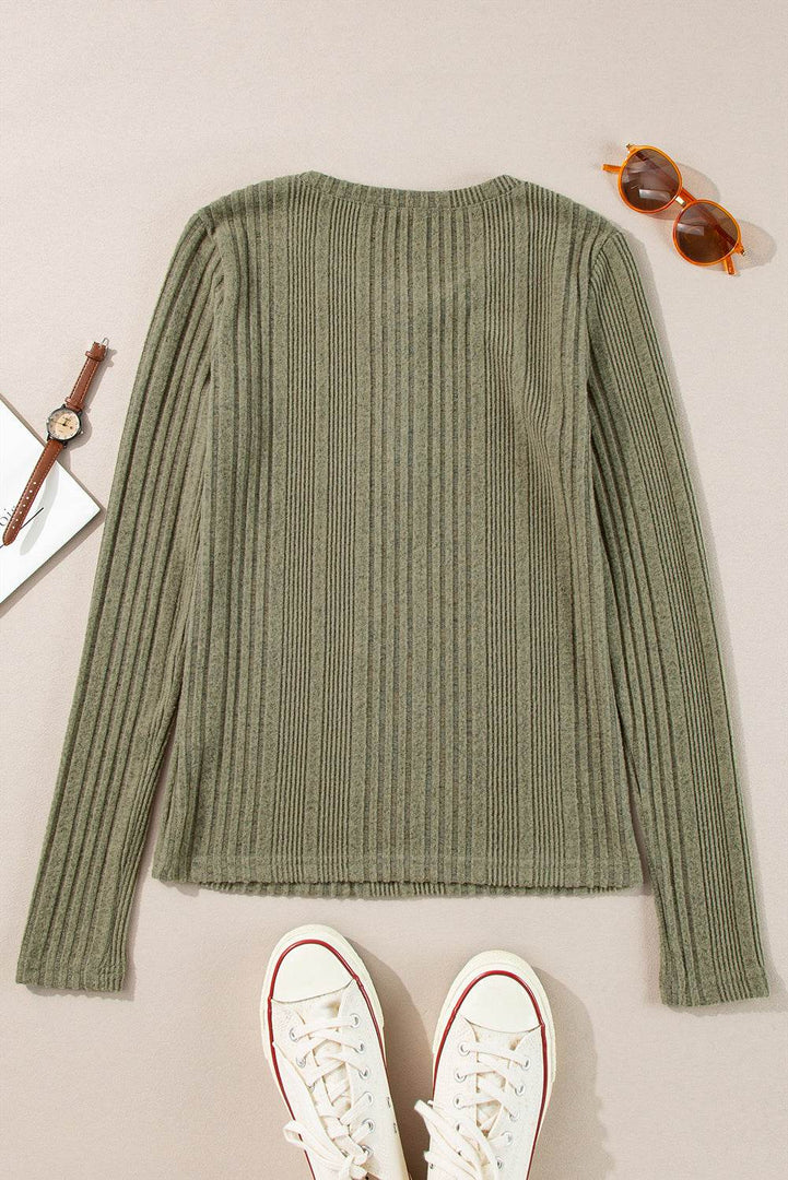 Jungle Green Ribbed Knit Half Button Slim Fit Blouse - Fashion Queen -  6