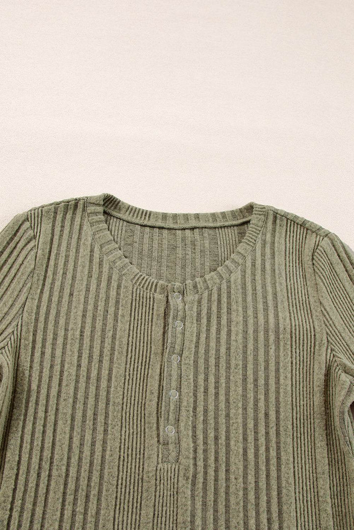 Jungle Green Ribbed Knit Half Button Slim Fit Blouse - Fashion Queen -  7