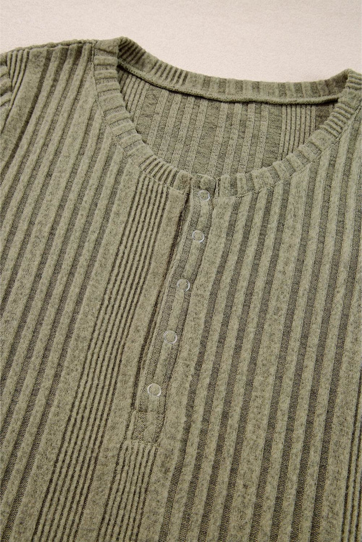 Jungle Green Ribbed Knit Half Button Slim Fit Blouse - Fashion Queen -  8