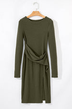 Load image into Gallery viewer, Jungle Green Ribbed Side Slit Ruched Slim Fit Long Sleeve Mini Dress - Fashion Queen -  5
