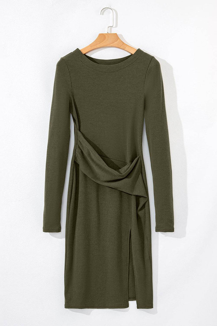 Jungle Green Ribbed Side Slit Ruched Slim Fit Long Sleeve Mini Dress - Fashion Queen -  5