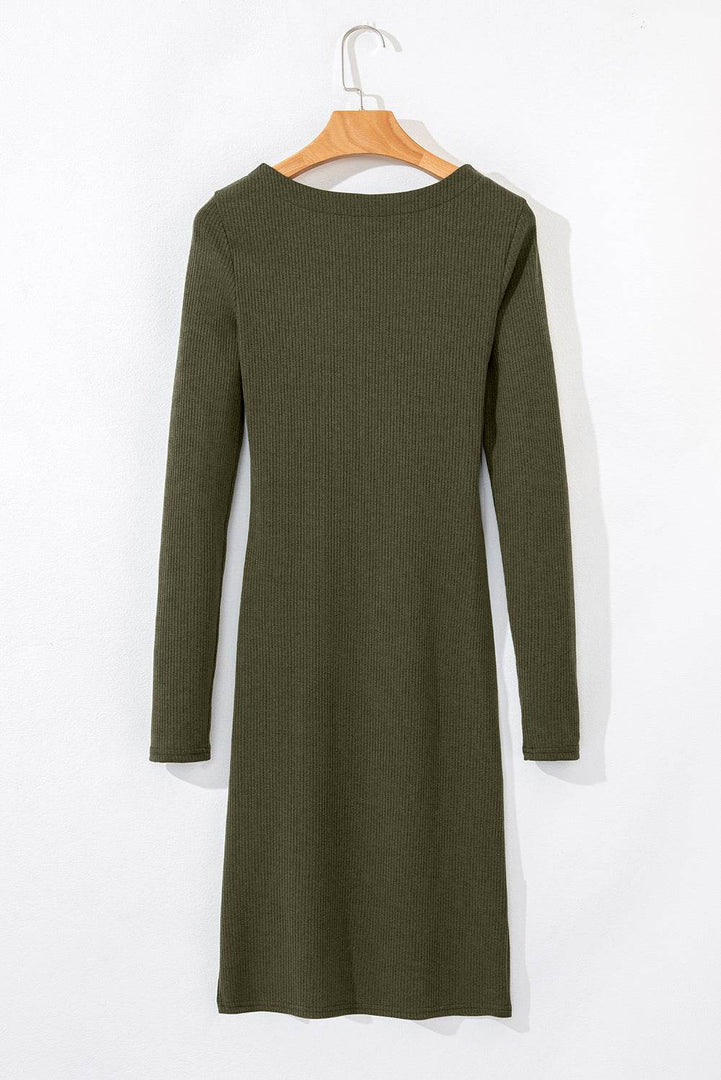 Jungle Green Ribbed Side Slit Ruched Slim Fit Long Sleeve Mini Dress - Fashion Queen -  6