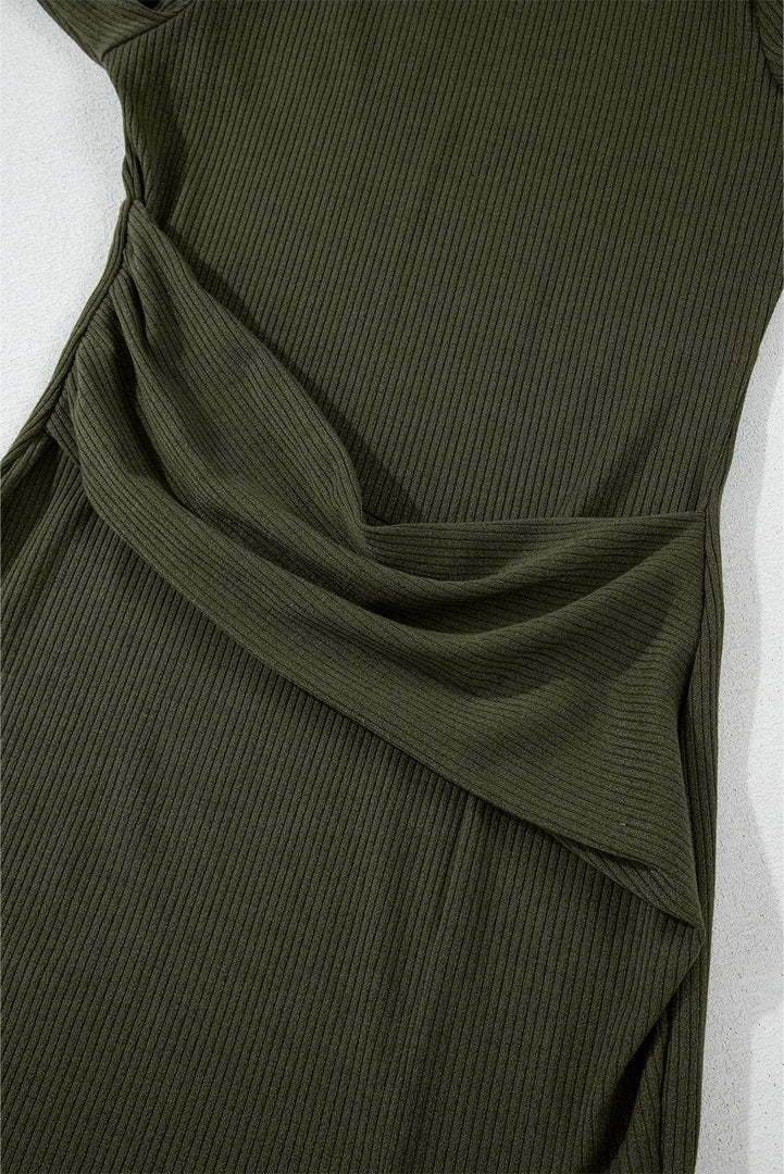 Jungle Green Ribbed Side Slit Ruched Slim Fit Long Sleeve Mini Dress - Fashion Queen -  8