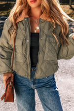 Load image into Gallery viewer, Jungle Green Teddy Collar Flap Pockets Quilted Puffer Jacket - Fashion Queen -  1
