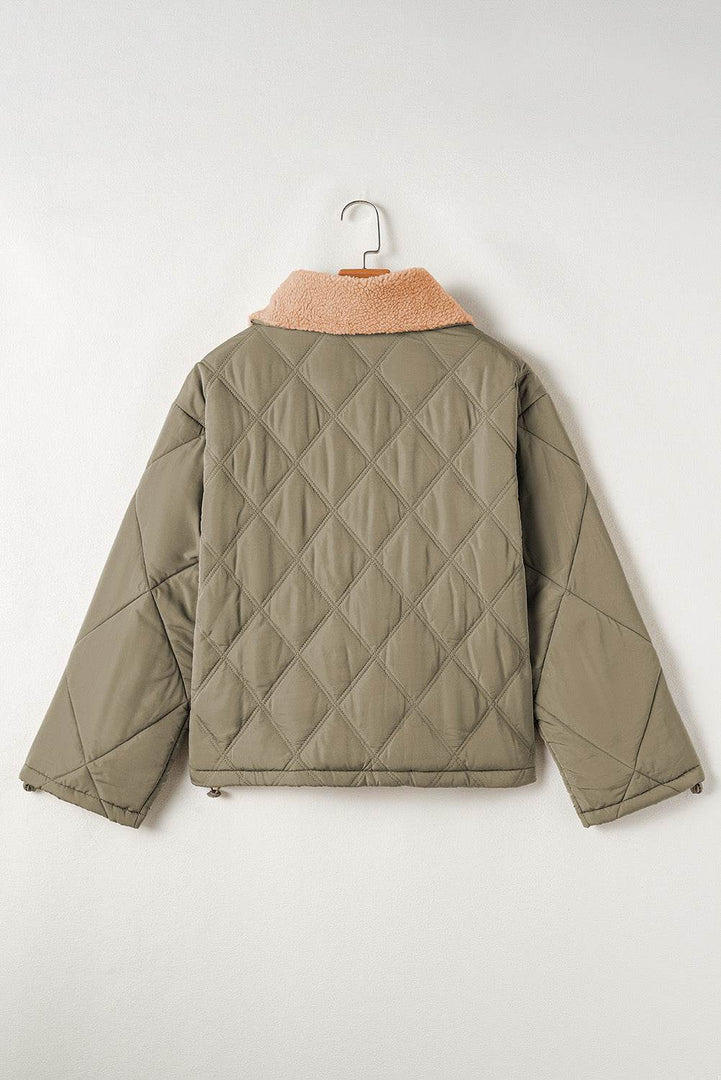 Jungle Green Teddy Collar Flap Pockets Quilted Puffer Jacket - Fashion Queen -  8