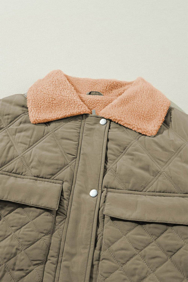 Jungle Green Teddy Collar Flap Pockets Quilted Puffer Jacket - Fashion Queen -  9