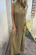 Load image into Gallery viewer, Jungle Green Waffle Knit Sleeveless Long Dress with Slits - Fashion Queen -  10
