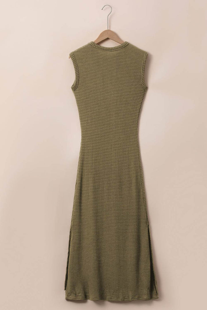 Jungle Green Waffle Knit Sleeveless Long Dress with Slits - Fashion Queen -  12