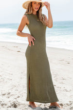 Load image into Gallery viewer, Jungle Green Waffle Knit Sleeveless Long Dress with Slits - Fashion Queen -  3
