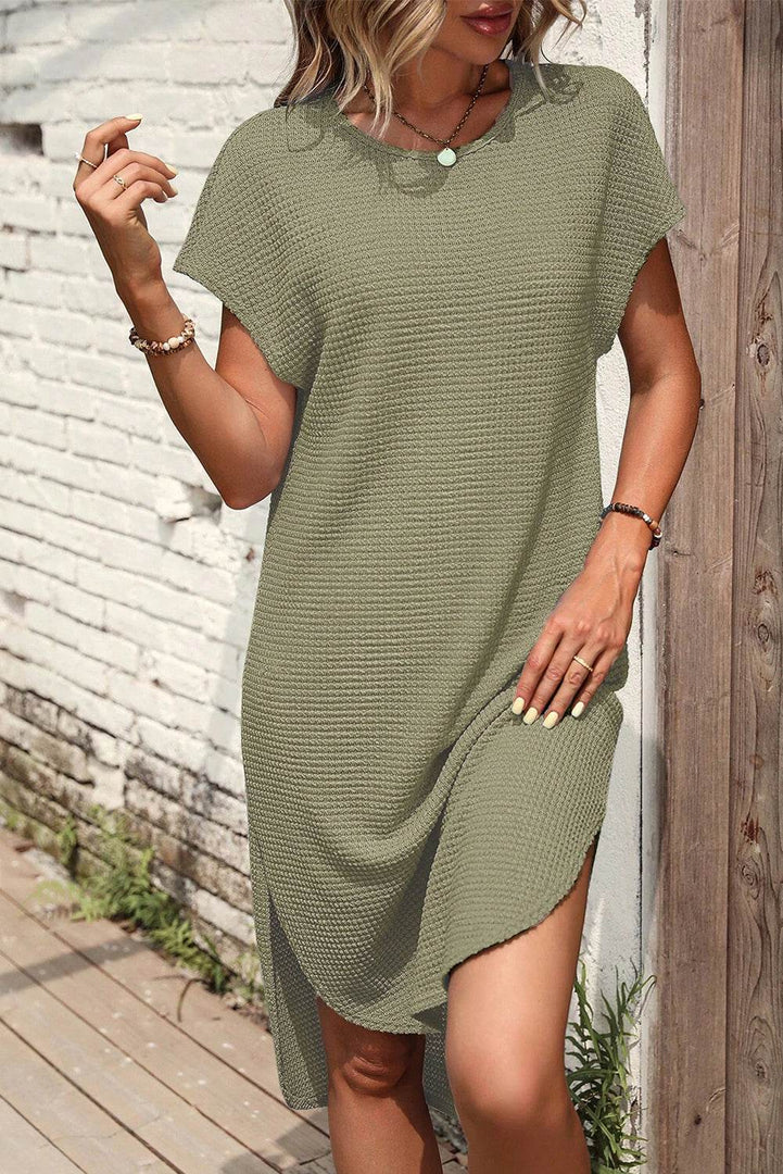 Jungle Green Waffle Texture Curved Hem Side Slit T-shirt Dress - Fashion Queen -  3