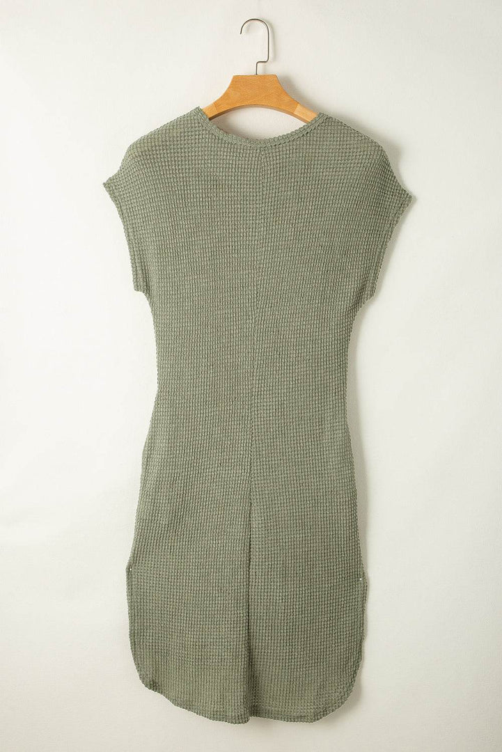 Jungle Green Waffle Texture Curved Hem Side Slit T-shirt Dress - Fashion Queen -  5