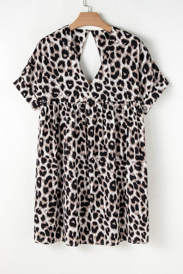 Khaki Cheetah Print Backless V Neck Loose Fit Mini Dress - Fashion Queen -  12