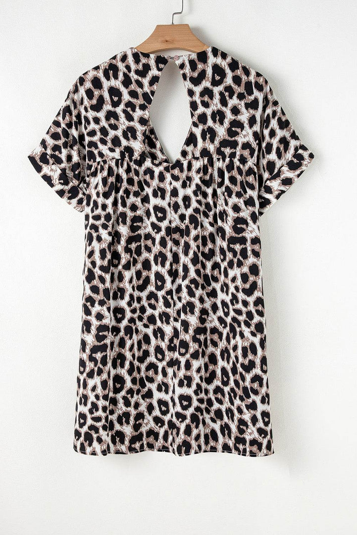 Khaki Cheetah Print Backless V Neck Loose Fit Mini Dress - Fashion Queen -  13