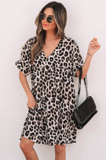 Load image into Gallery viewer, Khaki Cheetah Print Backless V Neck Loose Fit Mini Dress - Fashion Queen -  3
