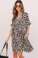 Load image into Gallery viewer, Khaki Cheetah Print Backless V Neck Loose Fit Mini Dress - Fashion Queen -  5

