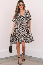 Load image into Gallery viewer, Khaki Cheetah Print Backless V Neck Loose Fit Mini Dress - Fashion Queen -  6
