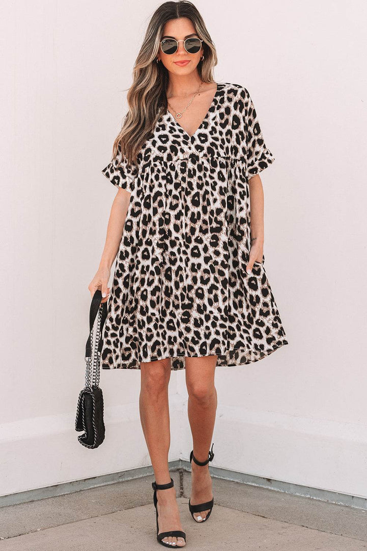 Khaki Cheetah Print Backless V Neck Loose Fit Mini Dress - Fashion Queen -  6