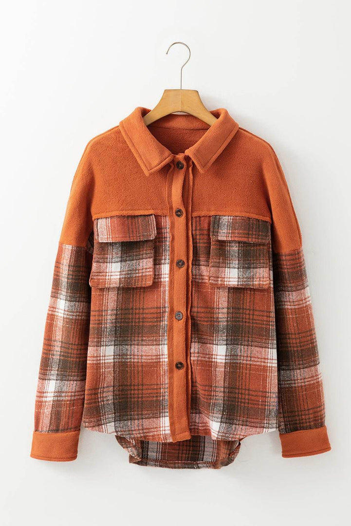 Khaki Colorblock Plaid Pattern Flap Pockets Buttoned Shacket - Fashion Queen -  3