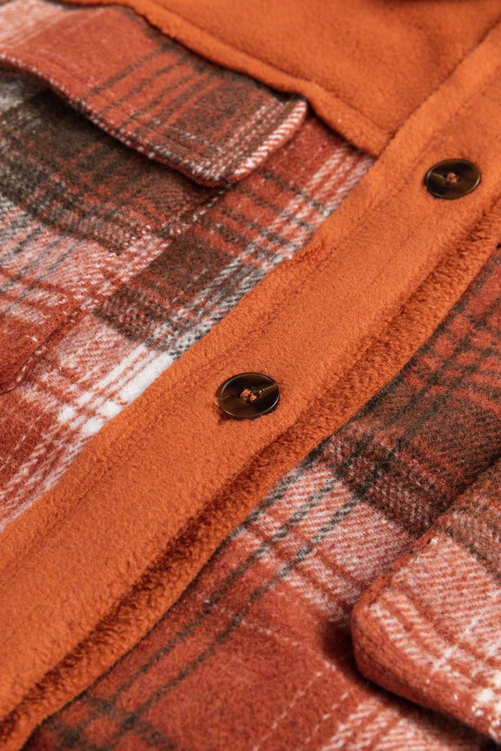 Khaki Colorblock Plaid Pattern Flap Pockets Buttoned Shacket - Fashion Queen -  6