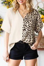 Load image into Gallery viewer, Khaki Contrast Leopard Color Block Blouse - Fashion Queen -  10
