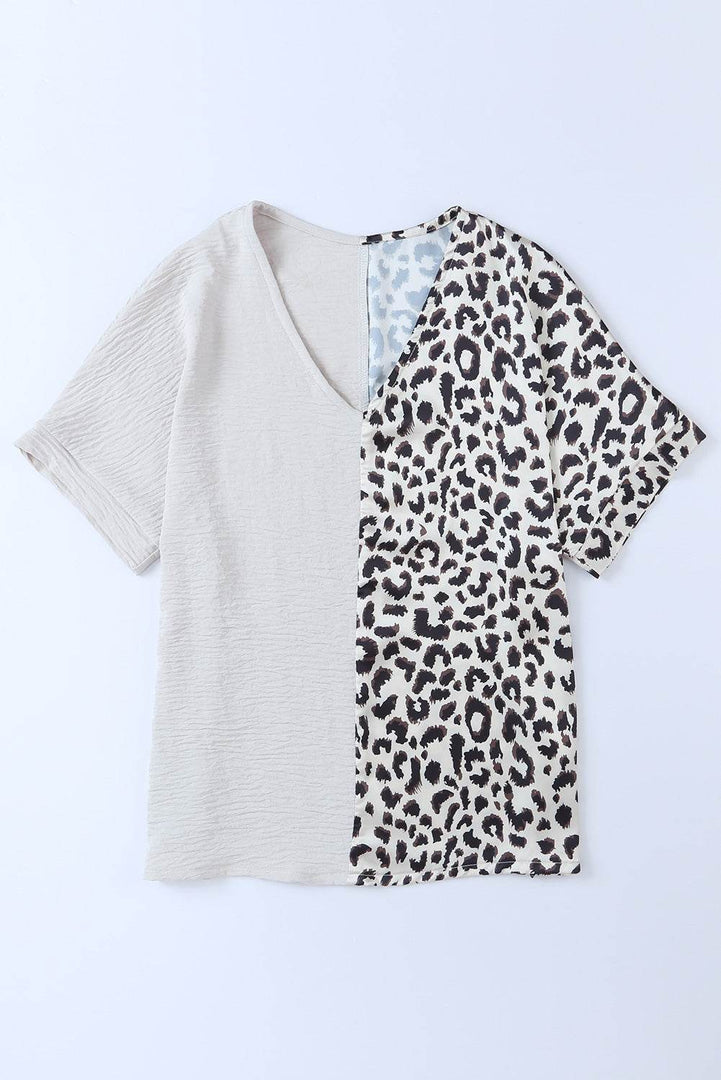 Khaki Contrast Leopard Color Block Blouse - Fashion Queen -  12